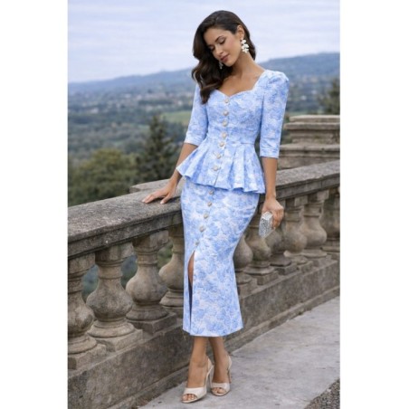 Vestido joya brocado azul con peplum Gala