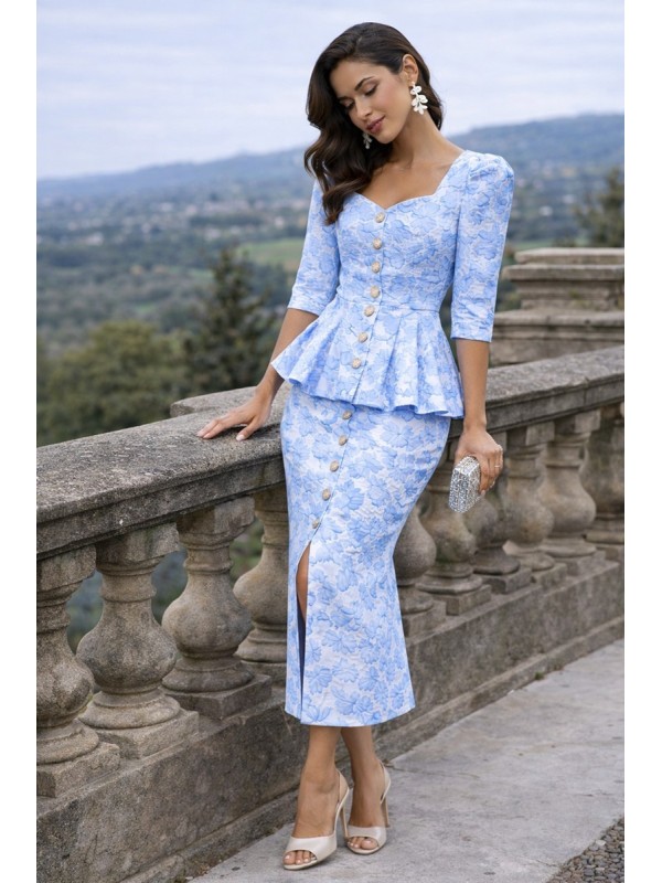 Vestido joya brocado azul con peplum Gala