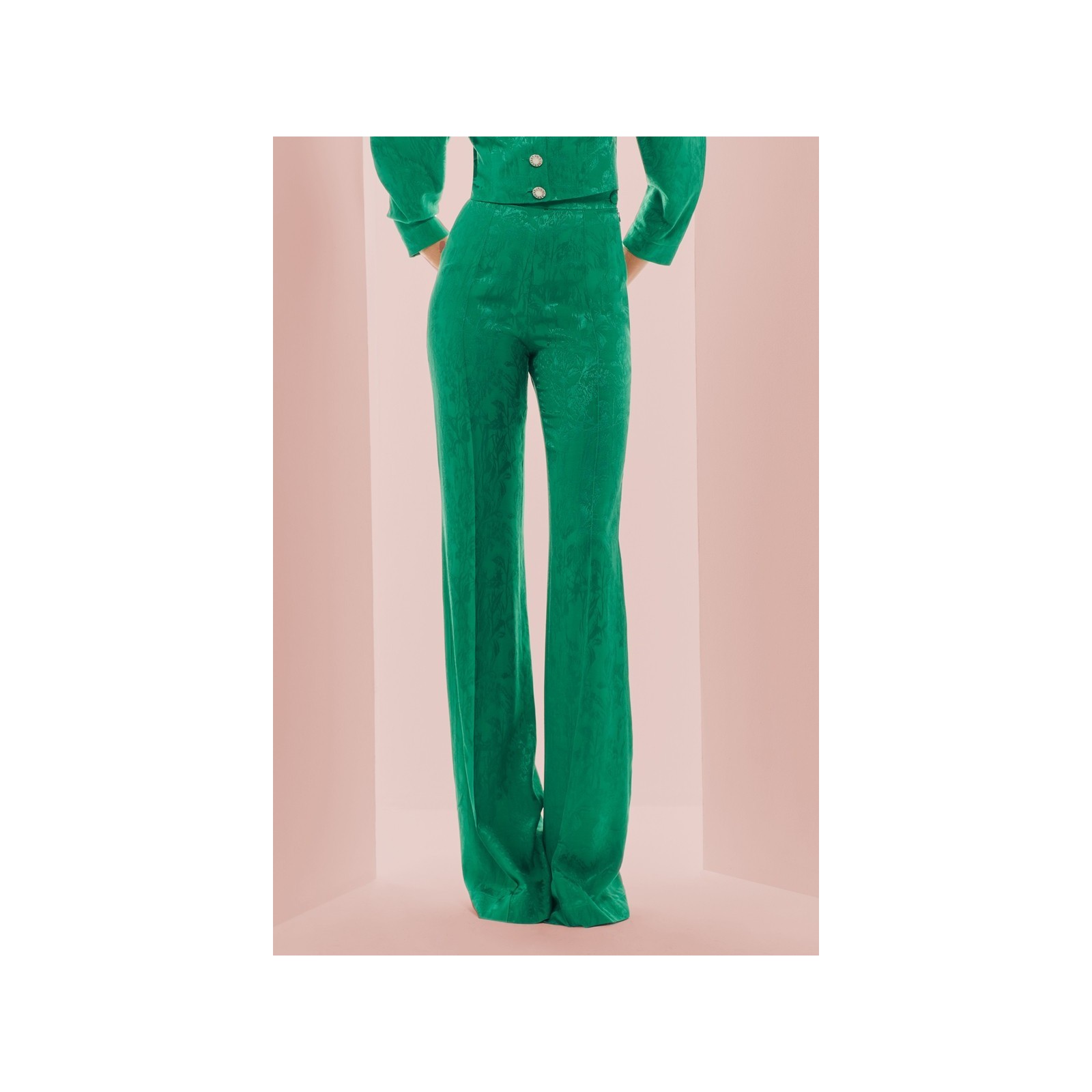 Pantalón Palazzo con jacquard fluido verde para invitada boda