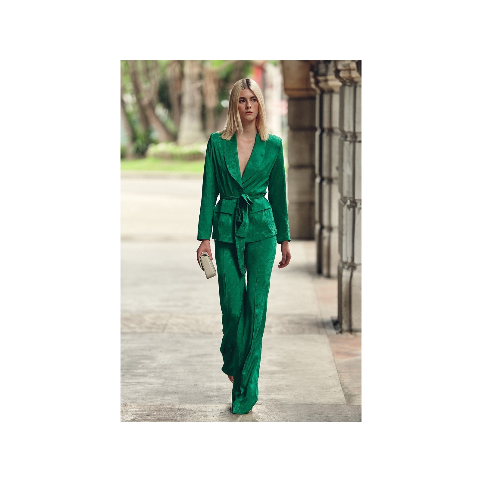 Pantalón Palazzo con jacquard fluido verde para invitada boda
