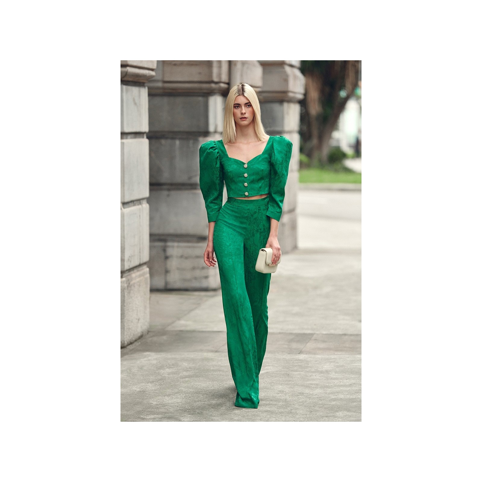 Pantalón Palazzo con jacquard fluido verde para invitada boda