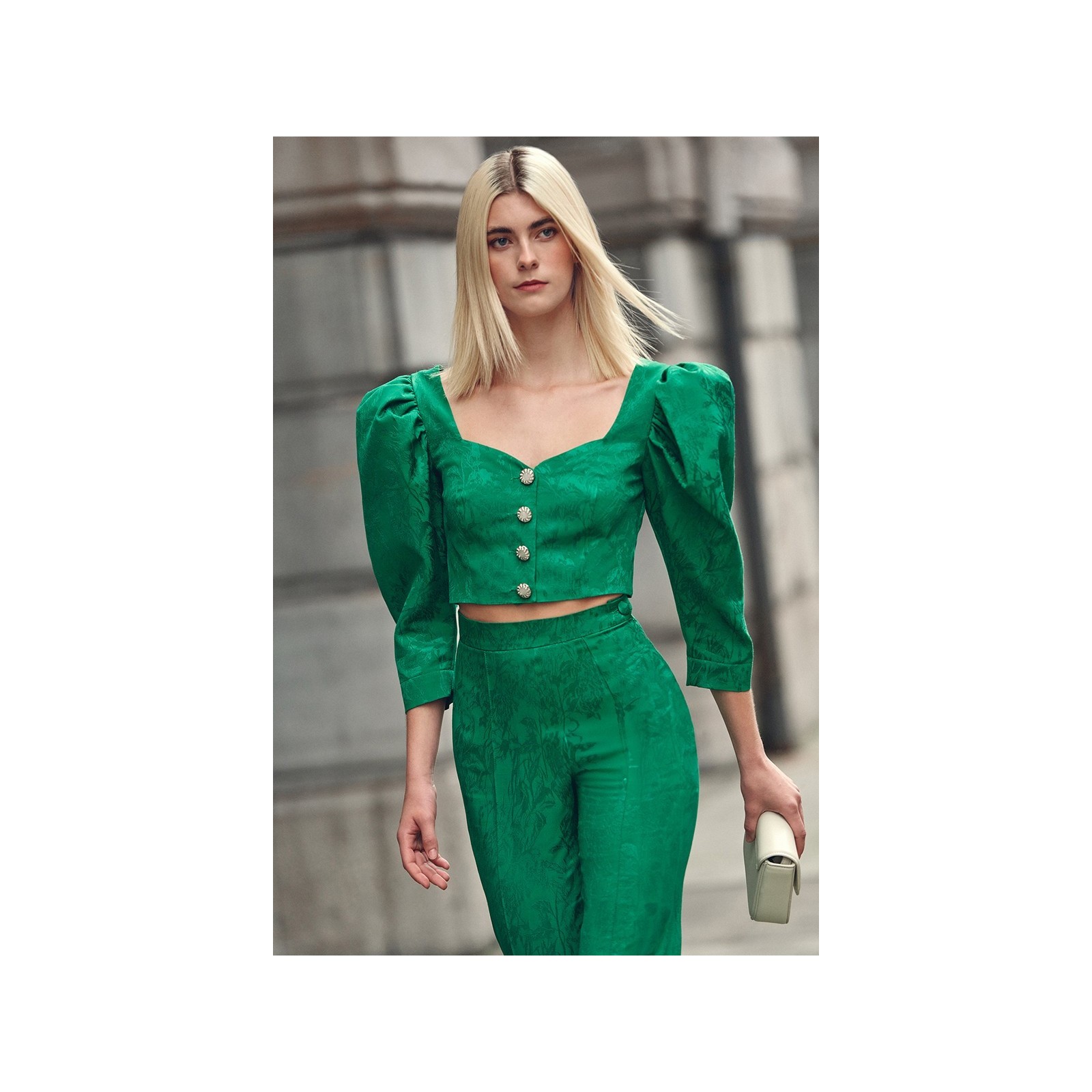 Pantalón Palazzo con jacquard fluido verde para invitada boda