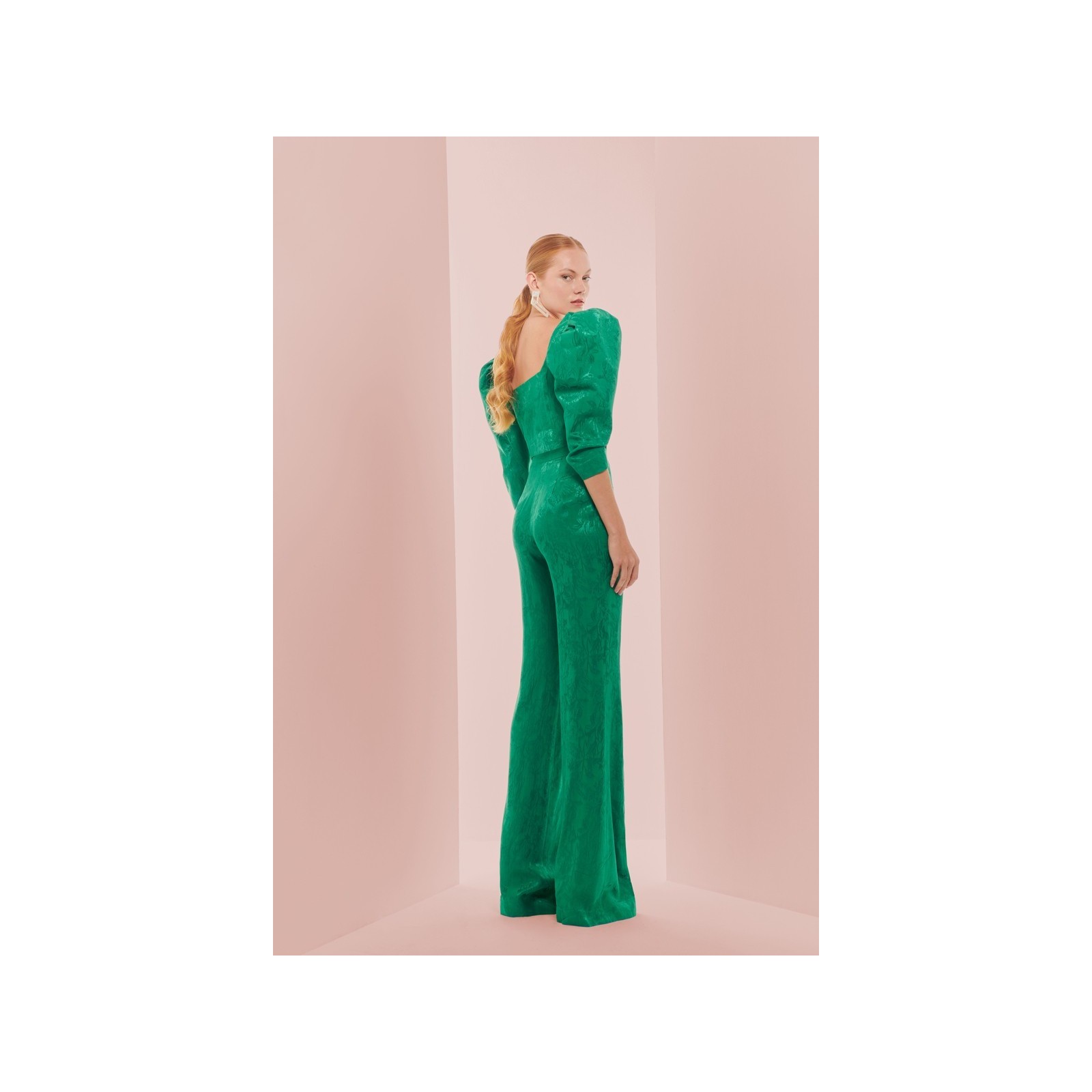 Pantalón Palazzo con jacquard fluido verde para invitada boda