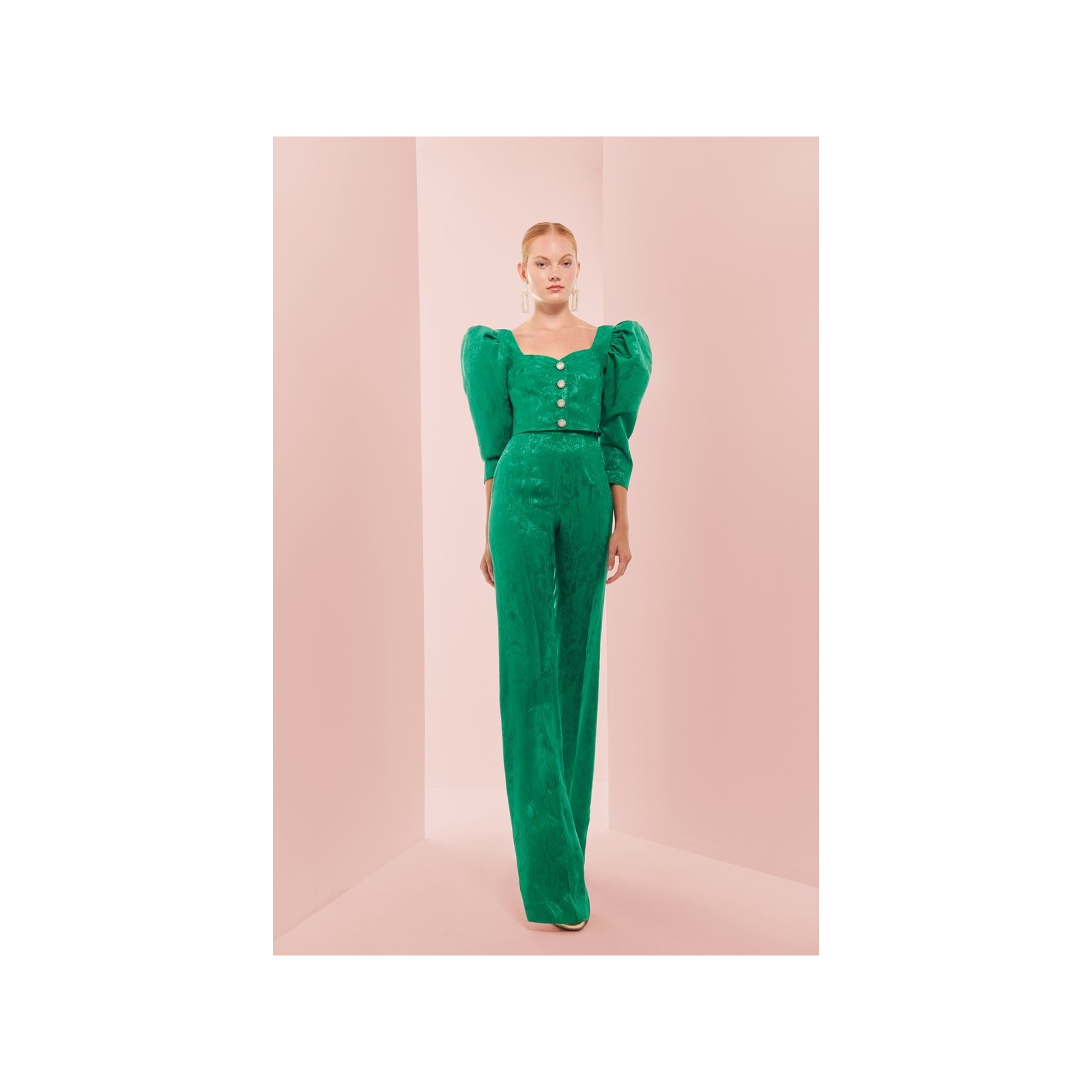 Pantalón Palazzo con jacquard fluido verde para invitada boda