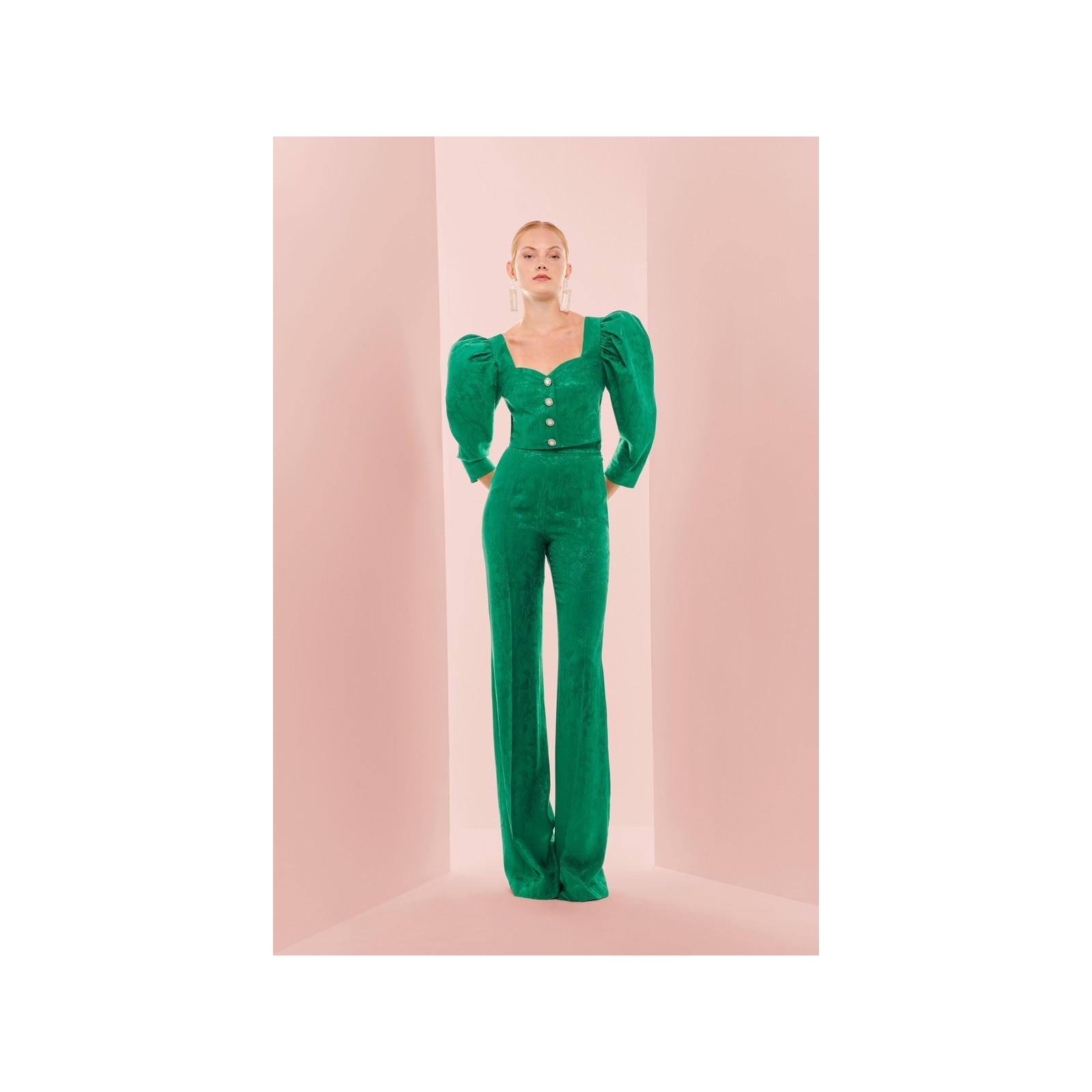 Pantalón Palazzo con jacquard fluido verde para invitada boda