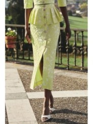 Falda brocada flores lima con peplum y botones joya