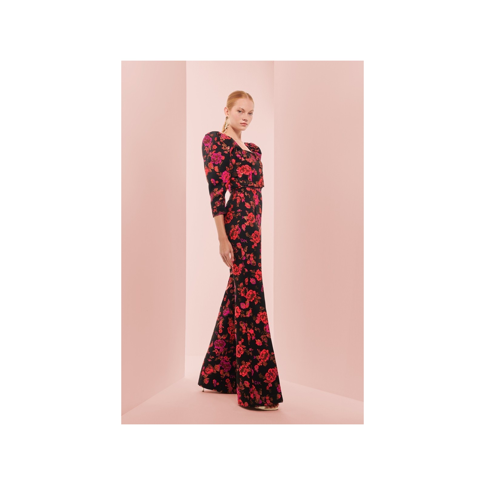 Pantalon palazzo de jacquard brocado negro con flores para invitada