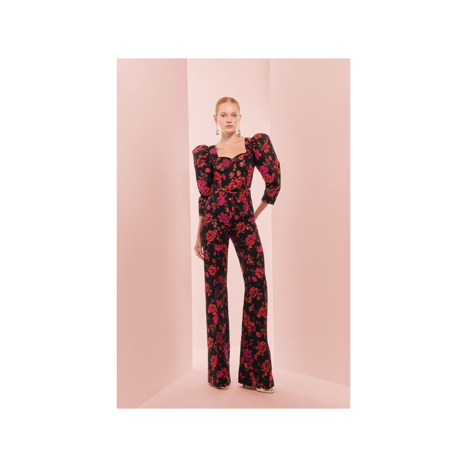 Pantalon palazzo de jacquard brocado negro con flores para invitada