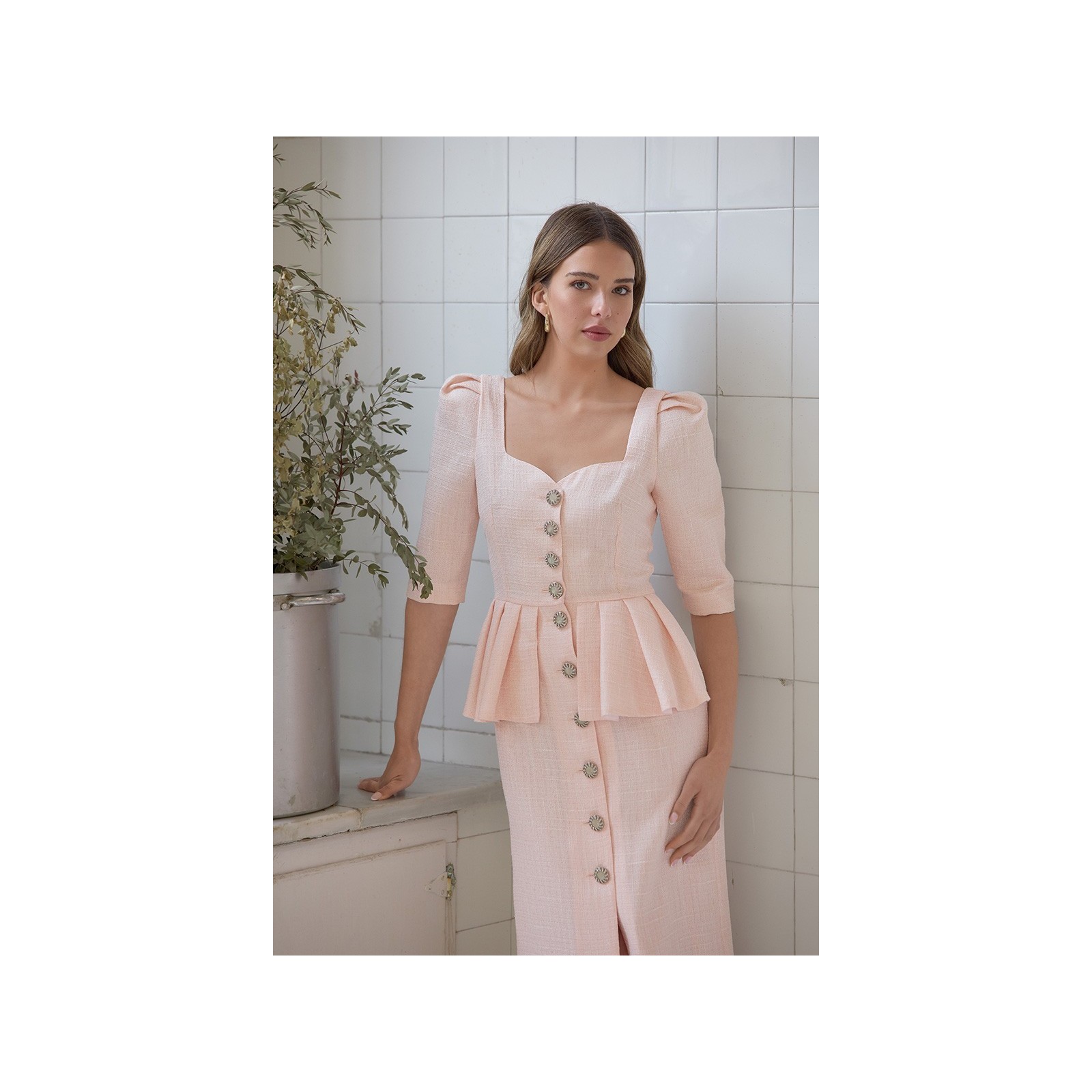 vestido tweeed rosa con peplum manga francesa mama comunion