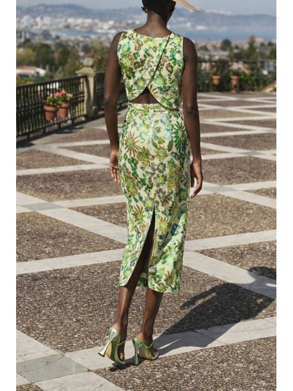 conjunto de falda y top cruzado en gasa de lentejuelas lima para invitada