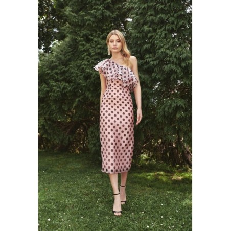 Vestido midi con volantes asimetrico en organza lunares rosa para invitadas
