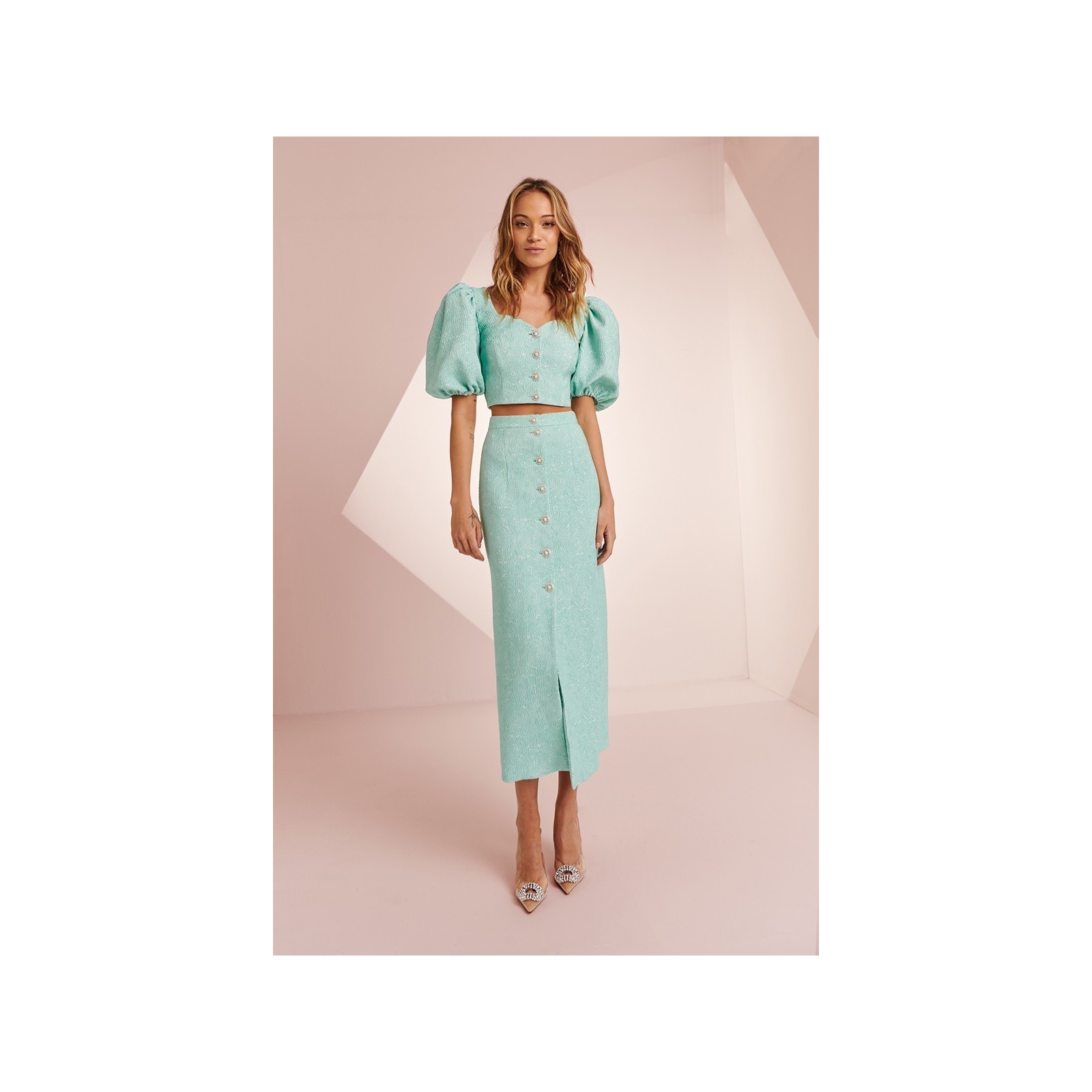 Conjunto de top y falda brocado aguamarina para invitada