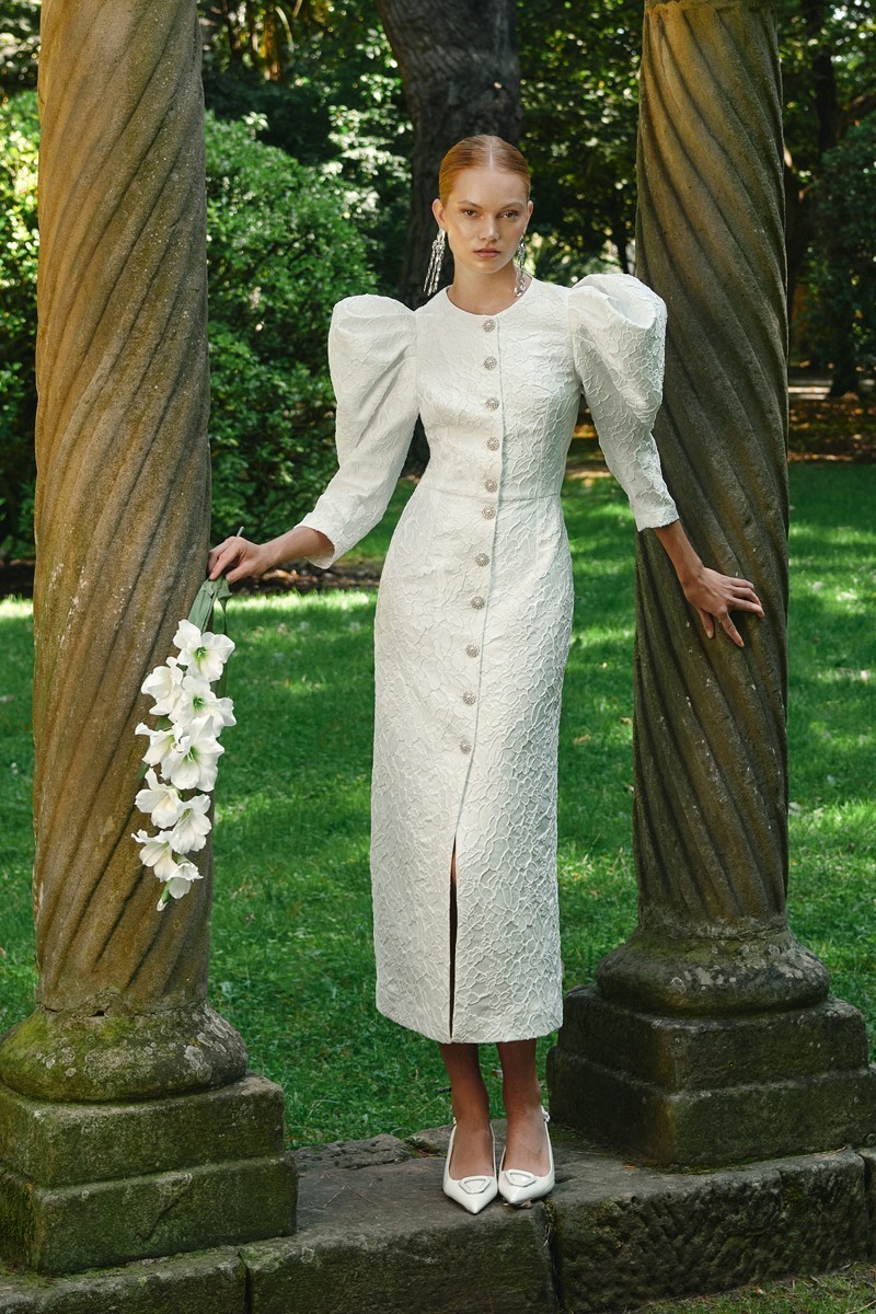 Vestido midi manga abullonada brocadoflores  blanco