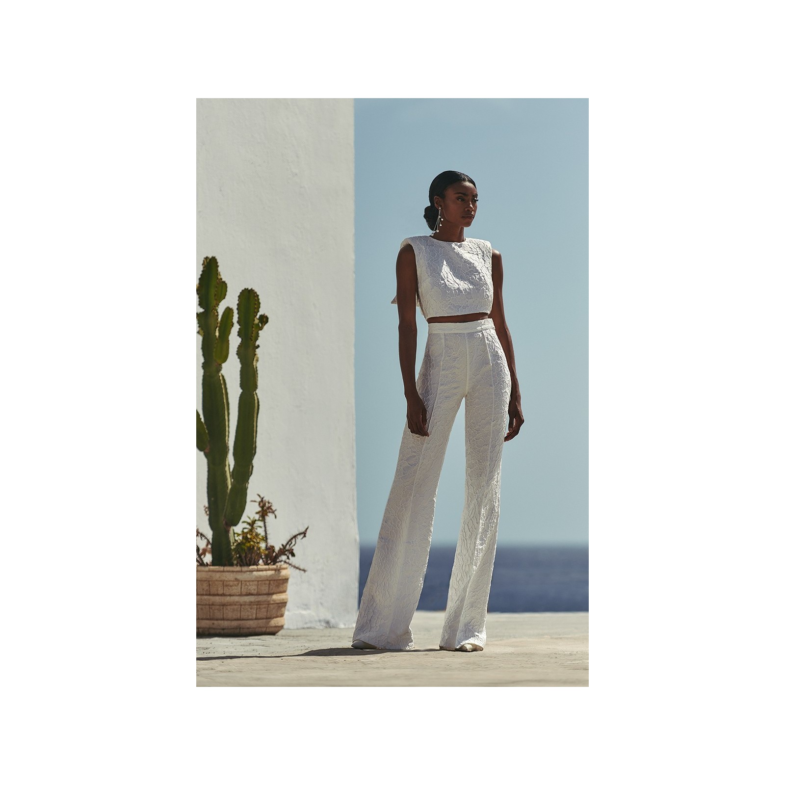 Pantalón Palazzo  jacquard flores Blanco novia civil