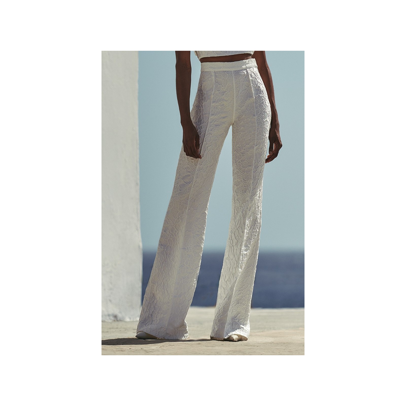Pantalón Palazzo  jacquard flores Blanco novia civil