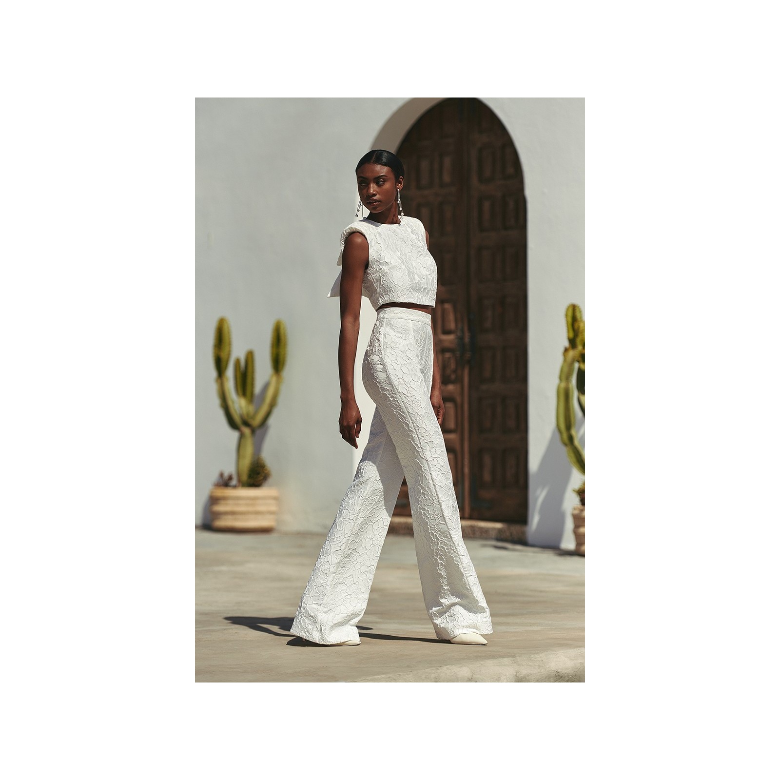 Pantalón Palazzo  jacquard flores Blanco novia civil
