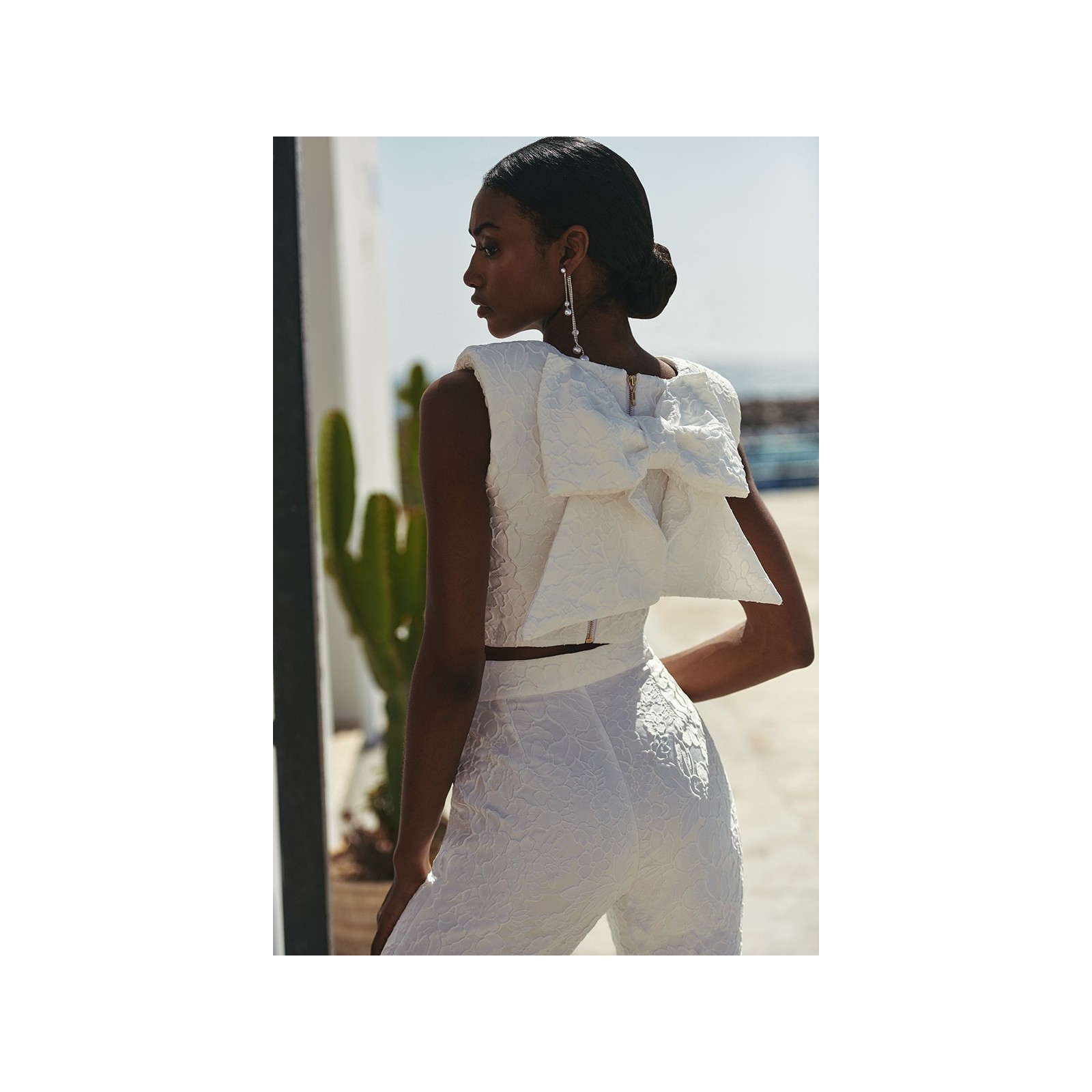 Pantalón Palazzo  jacquard flores Blanco novia civil