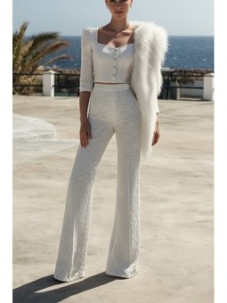 Conjunto de Top joya y palazzo brocado blanco Mía