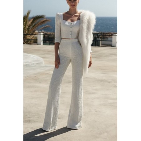 Conjunto de Top joya y palazzo brocado blanco Mía