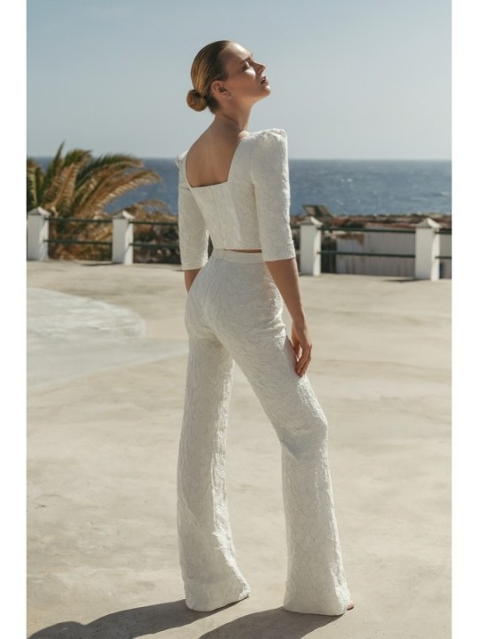 Conjunto de Top joya y palazzo brocado blanco Mía