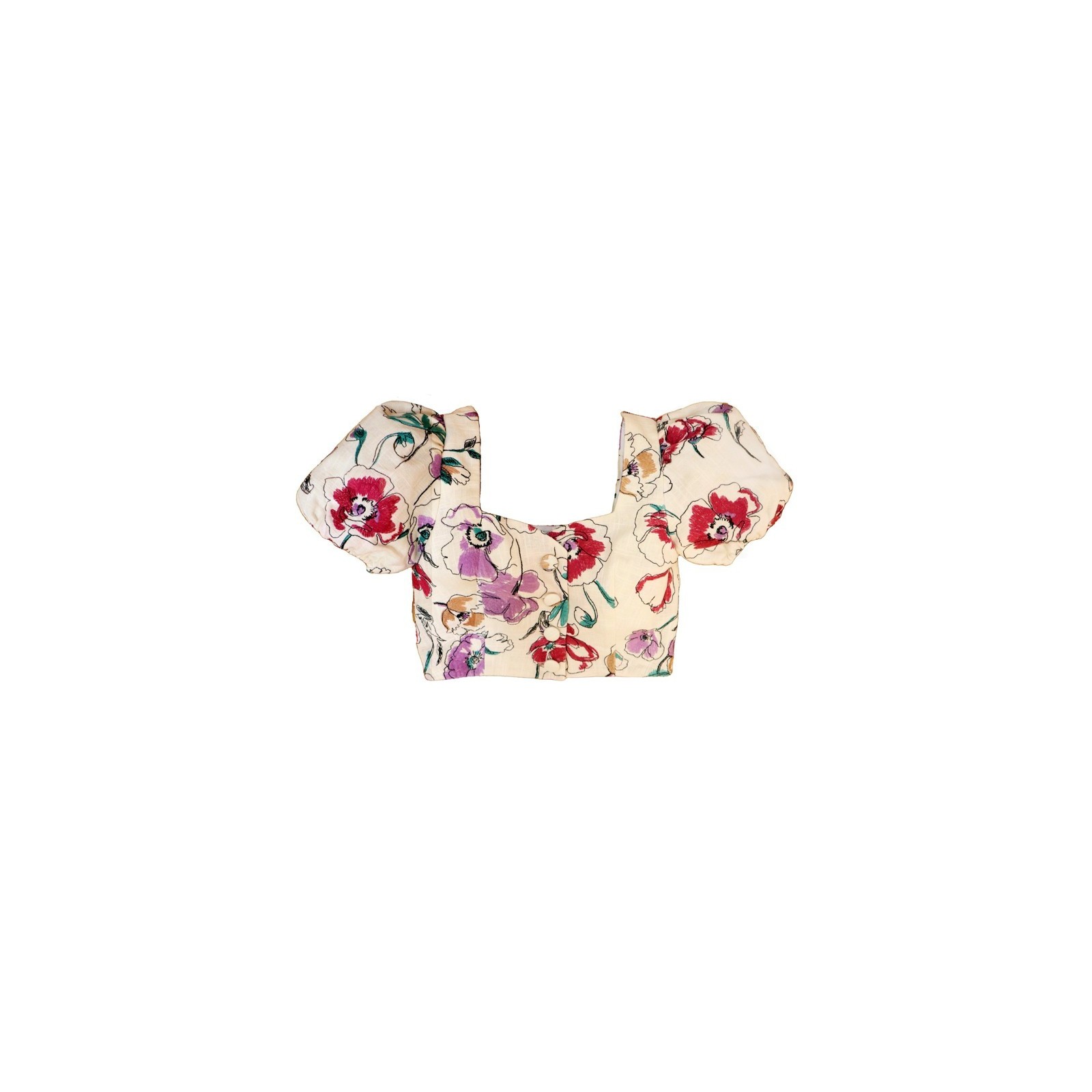 top manga jamón de lino con flores bordadas para invitadas