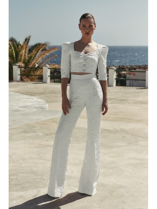 Conjunto de Top joya y palazzo brocado blanco Mía
