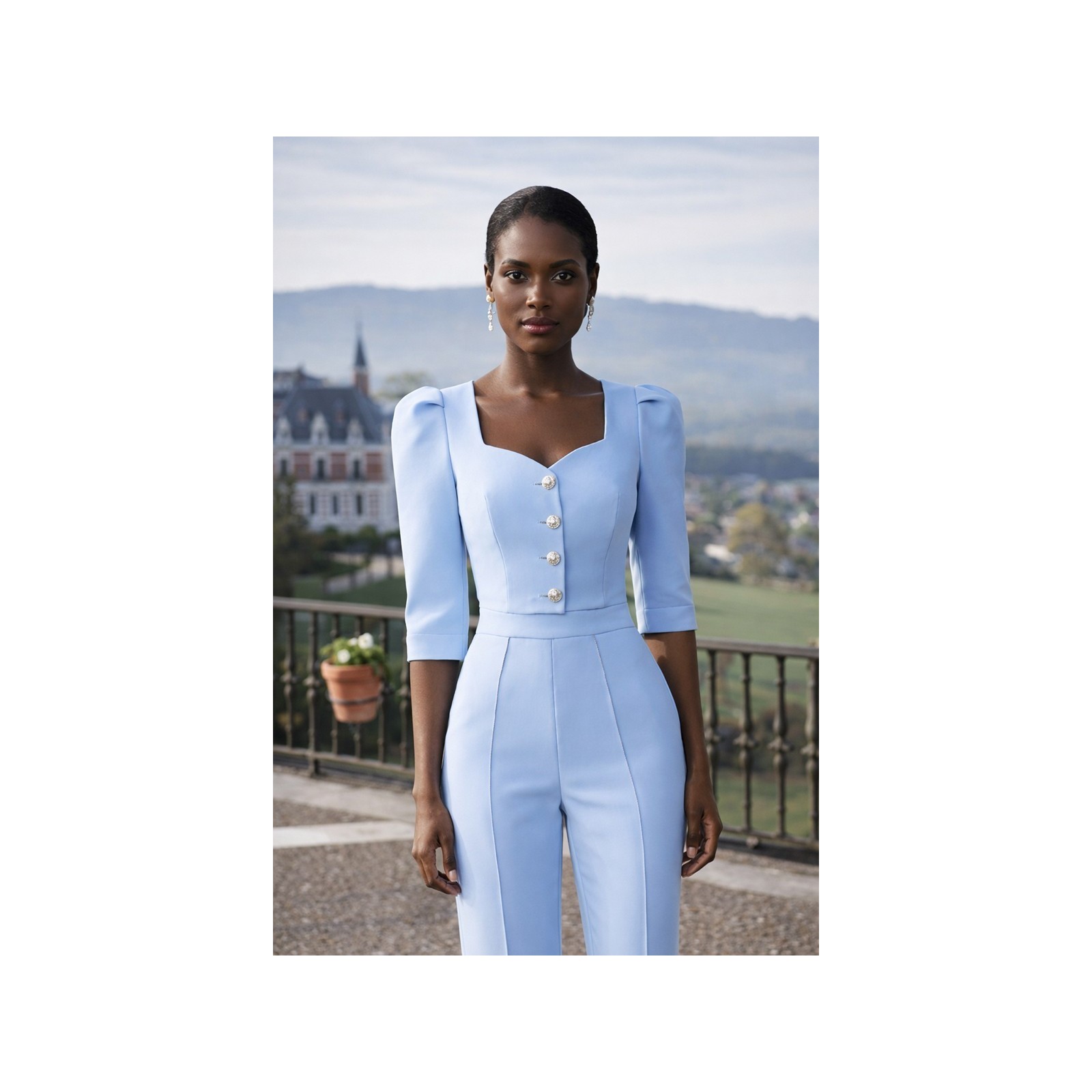 Conjunto de top joya y palazzo de crep azul
