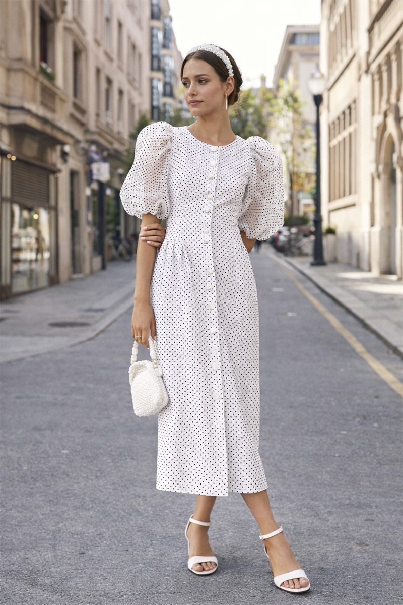 Vestido midi en plumetti blanco para mama de comunion o novia civil