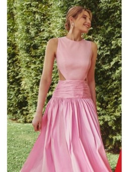 Vestido largo rosa de fiesta para boda con canesú drapeado