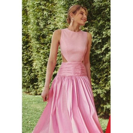 Vestido largo rosa de fiesta para boda con canesú drapeado