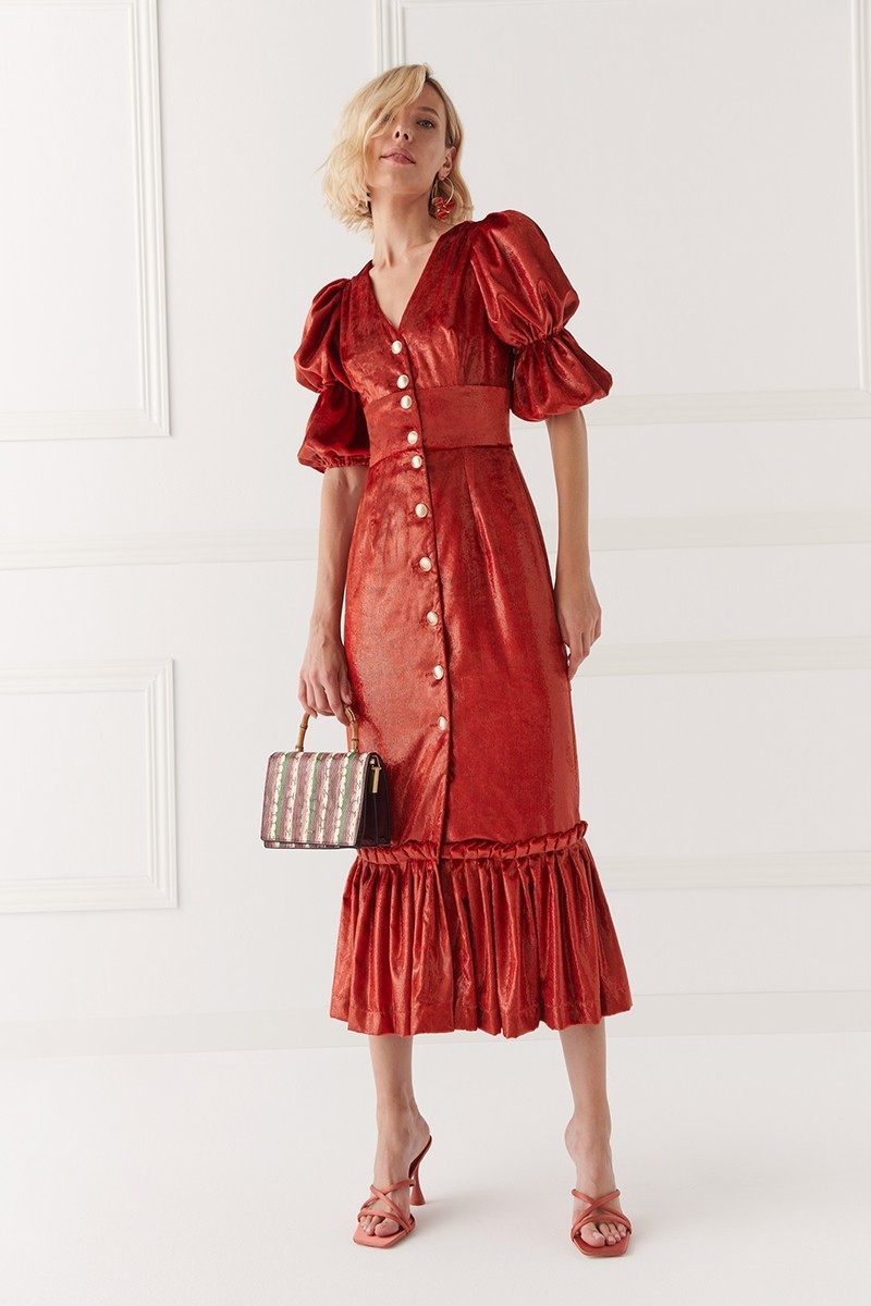 Vestido de fiesta de terciopelo teja con falda midi con volante
