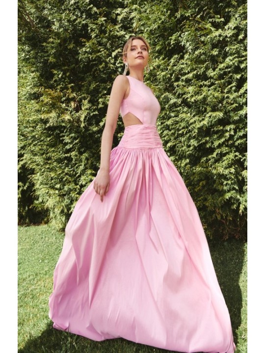 Vestido largo rosa de fiesta para boda con canesú drapeado