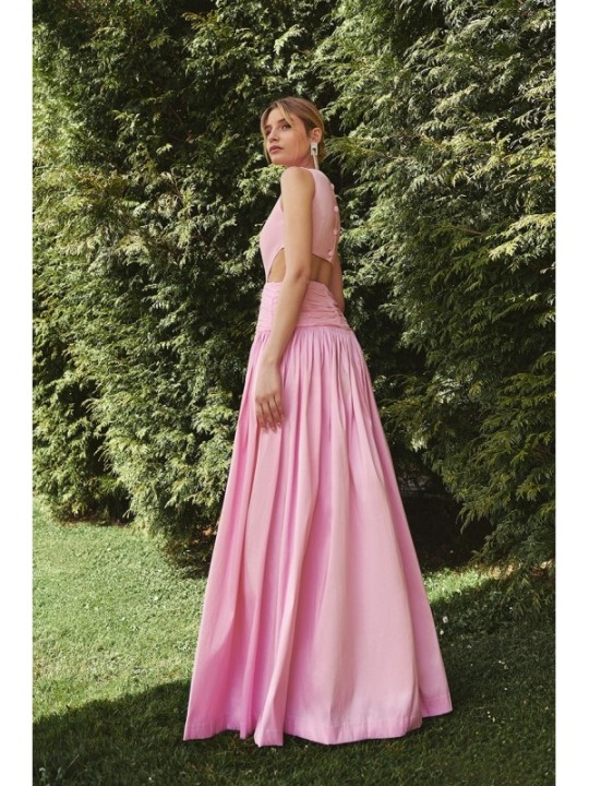 Vestido largo rosa de fiesta para boda con canesú drapeado