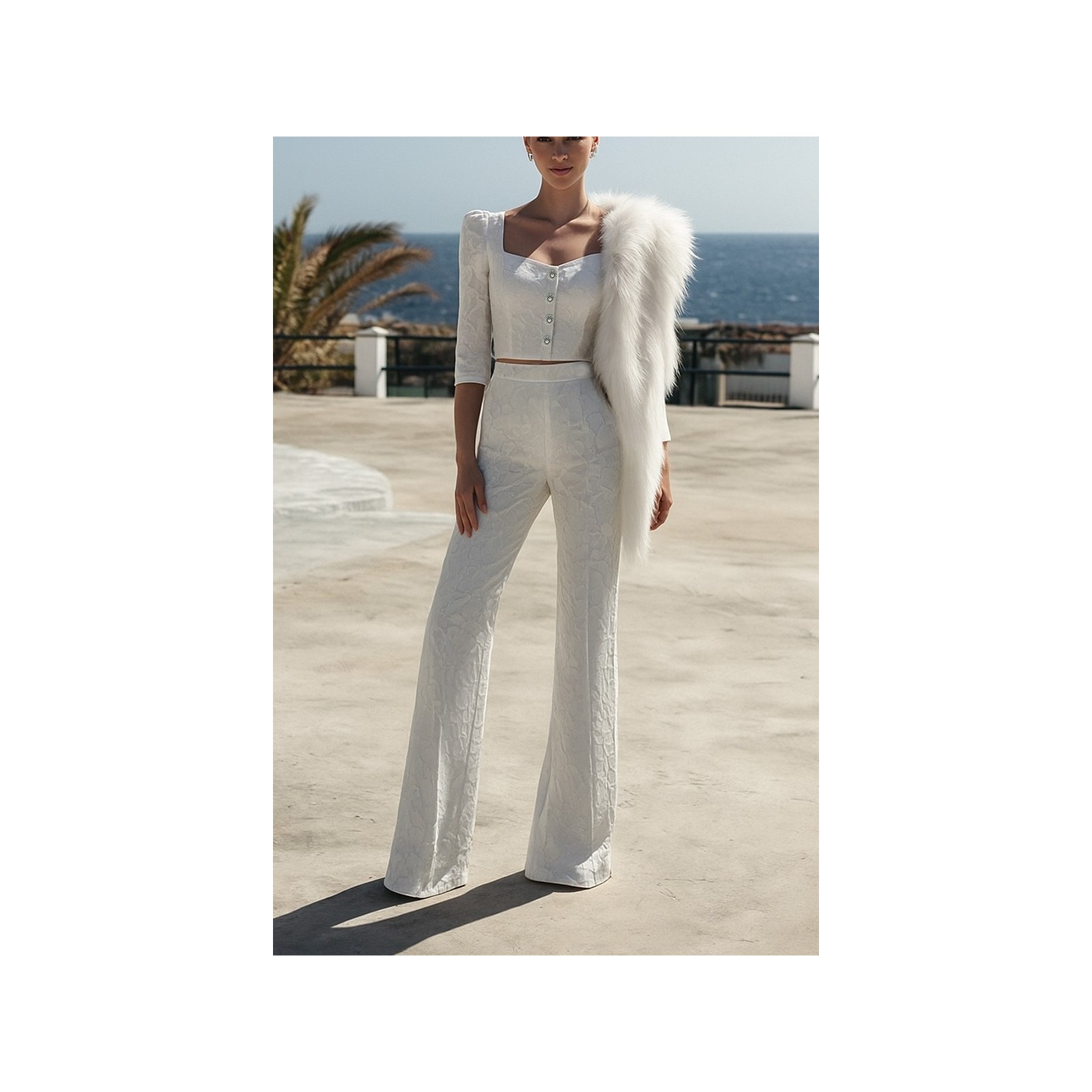 Conjunto de Top joya y palazzo brocado blanco Mía