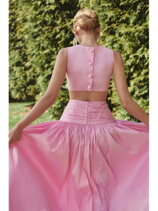 Vestido largo rosa de fiesta para boda con canesú drapeado