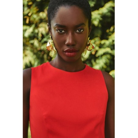 Vestido largo rojo de fiesta para boda con canesú drapeado