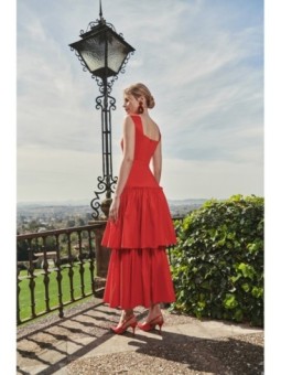 Vestido midi rojo de fiesta para boda con volantes