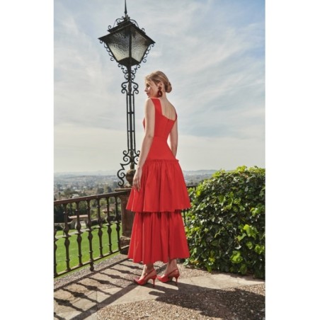 Vestido midi rojo de fiesta para boda con volantes