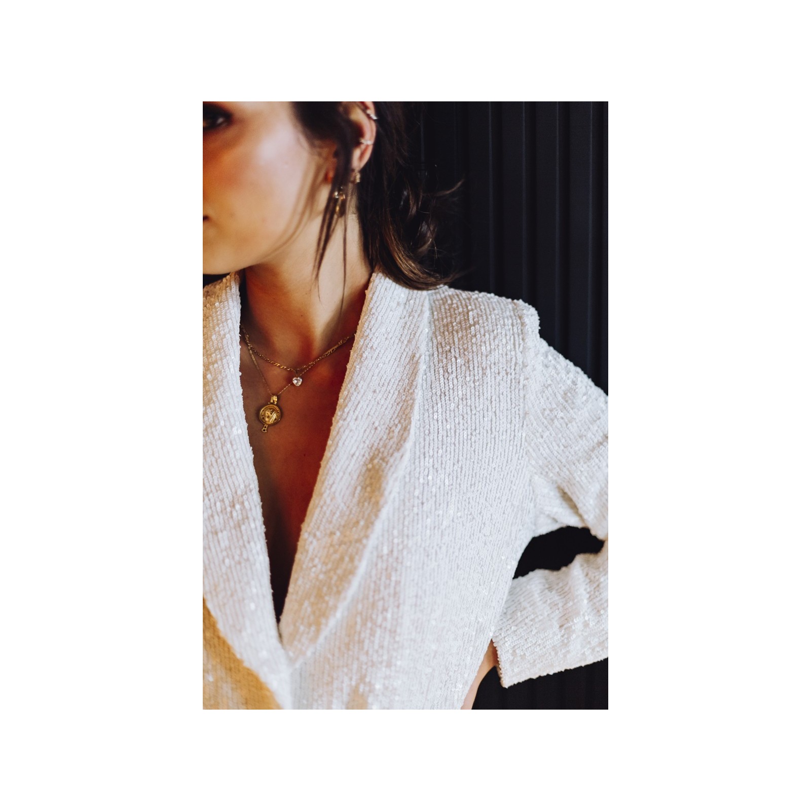 Traje chaqueta y pantalon de lentejuelas blanco para fiesta