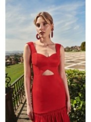 Vestido largo rojo de fiesta para boda con volantes
