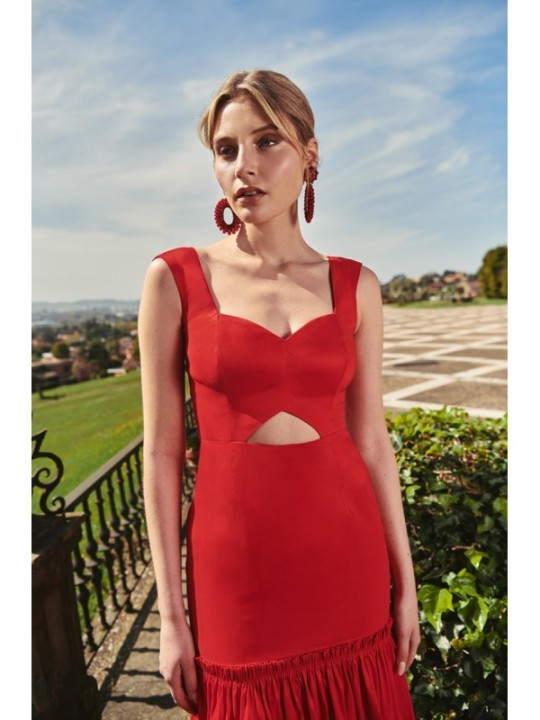Vestido largo rojo de fiesta para boda con volantes