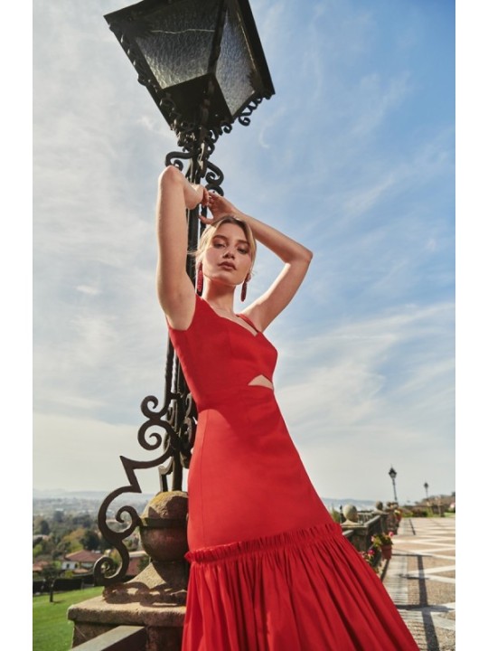 Vestido largo rojo de fiesta para boda con volantes