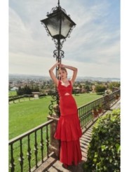 Vestido largo rojo de fiesta para boda con volantes