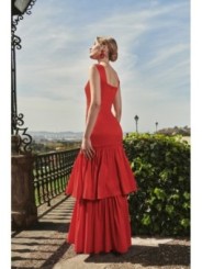 Vestido largo rojo de fiesta para boda con volantes