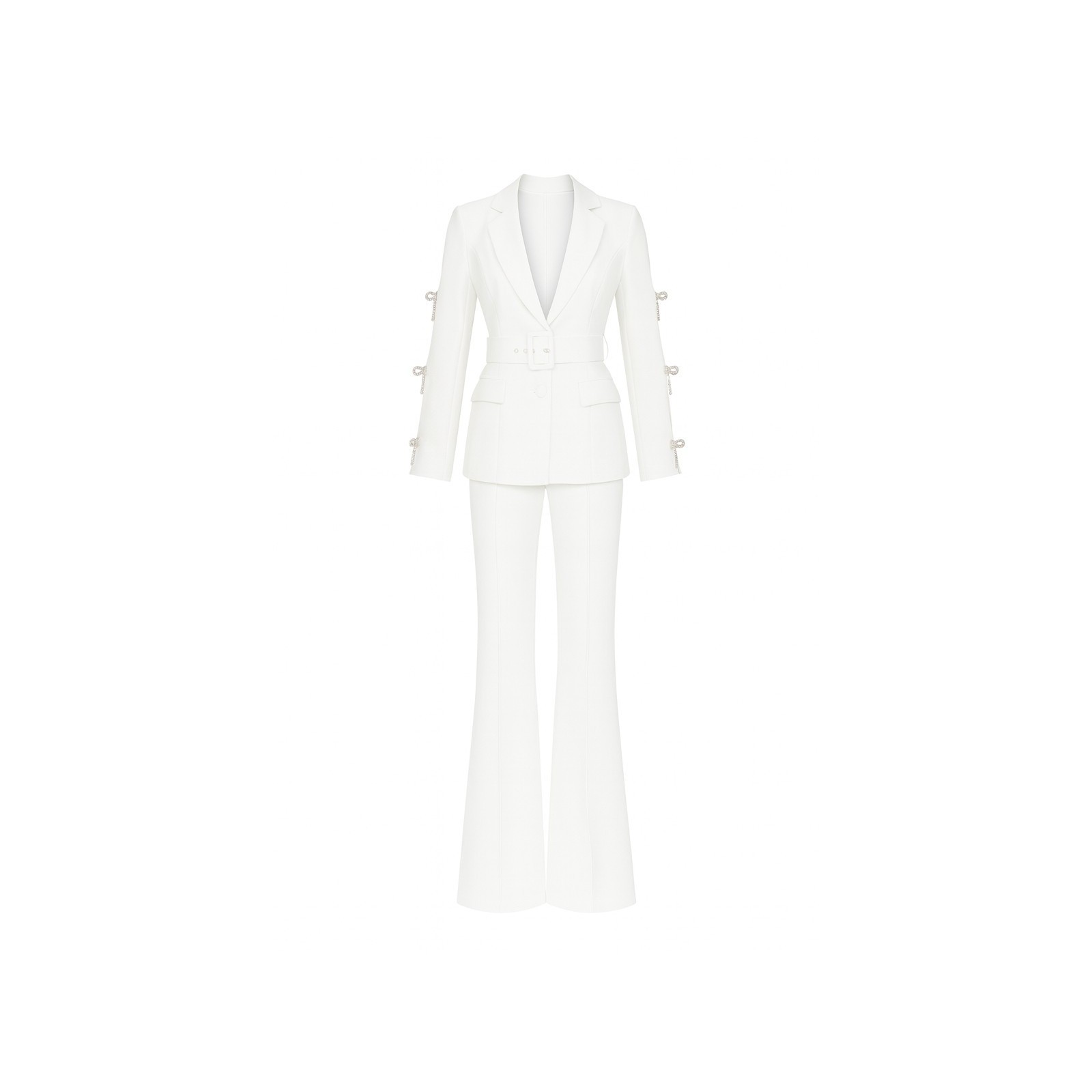 Traje chaqueta y pantalón blanco lazos joya Leonor