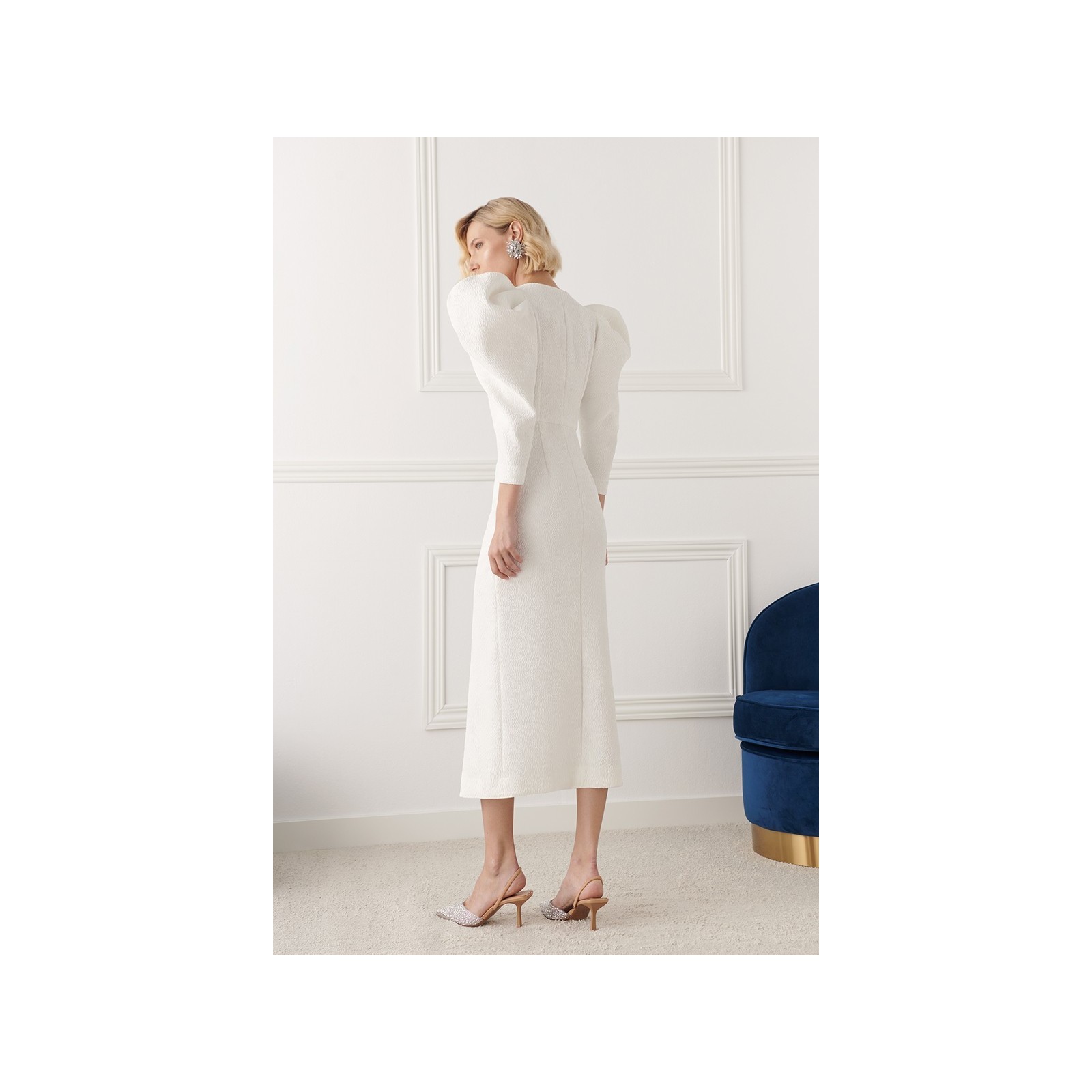 Vestido midi manga abullonada brocado blanco Sophie