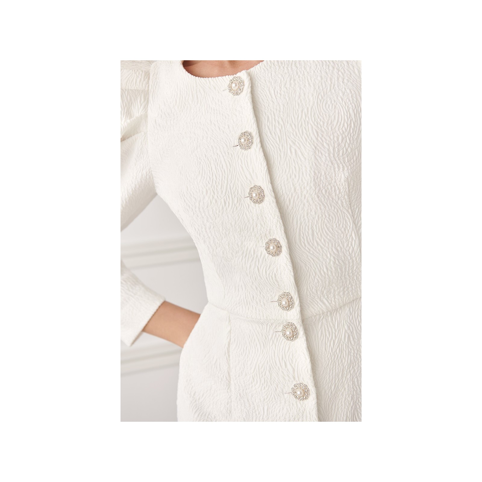 Vestido midi manga abullonada brocado blanco Sophie