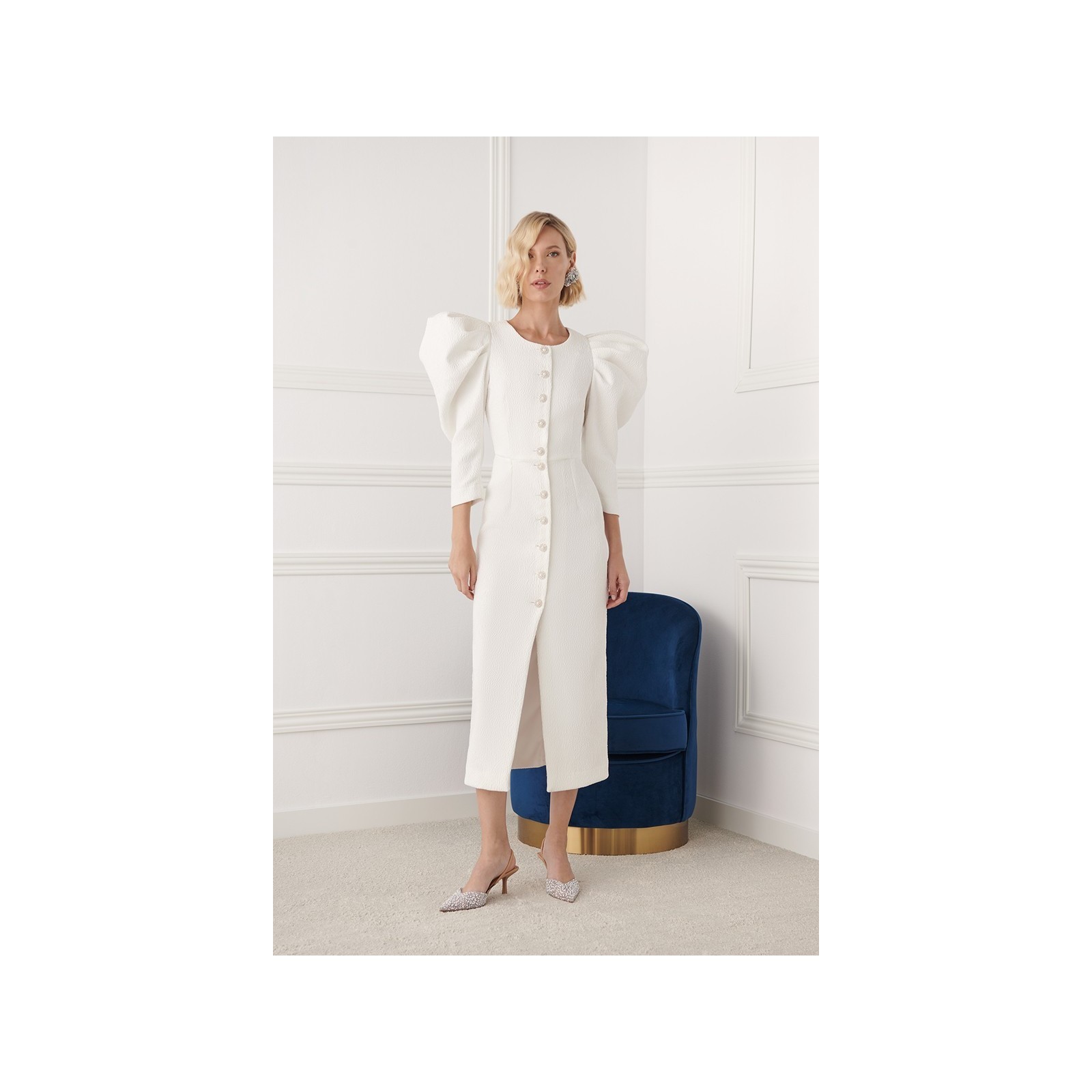 Vestido midi manga abullonada brocado blanco Sophie