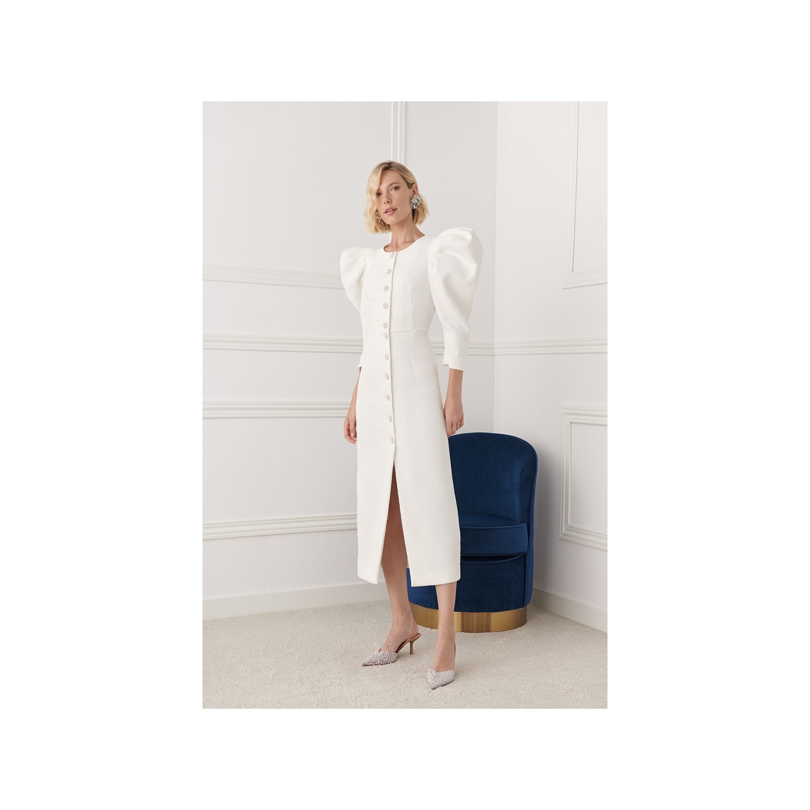 Vestido midi manga abullonada brocado blanco Sophie