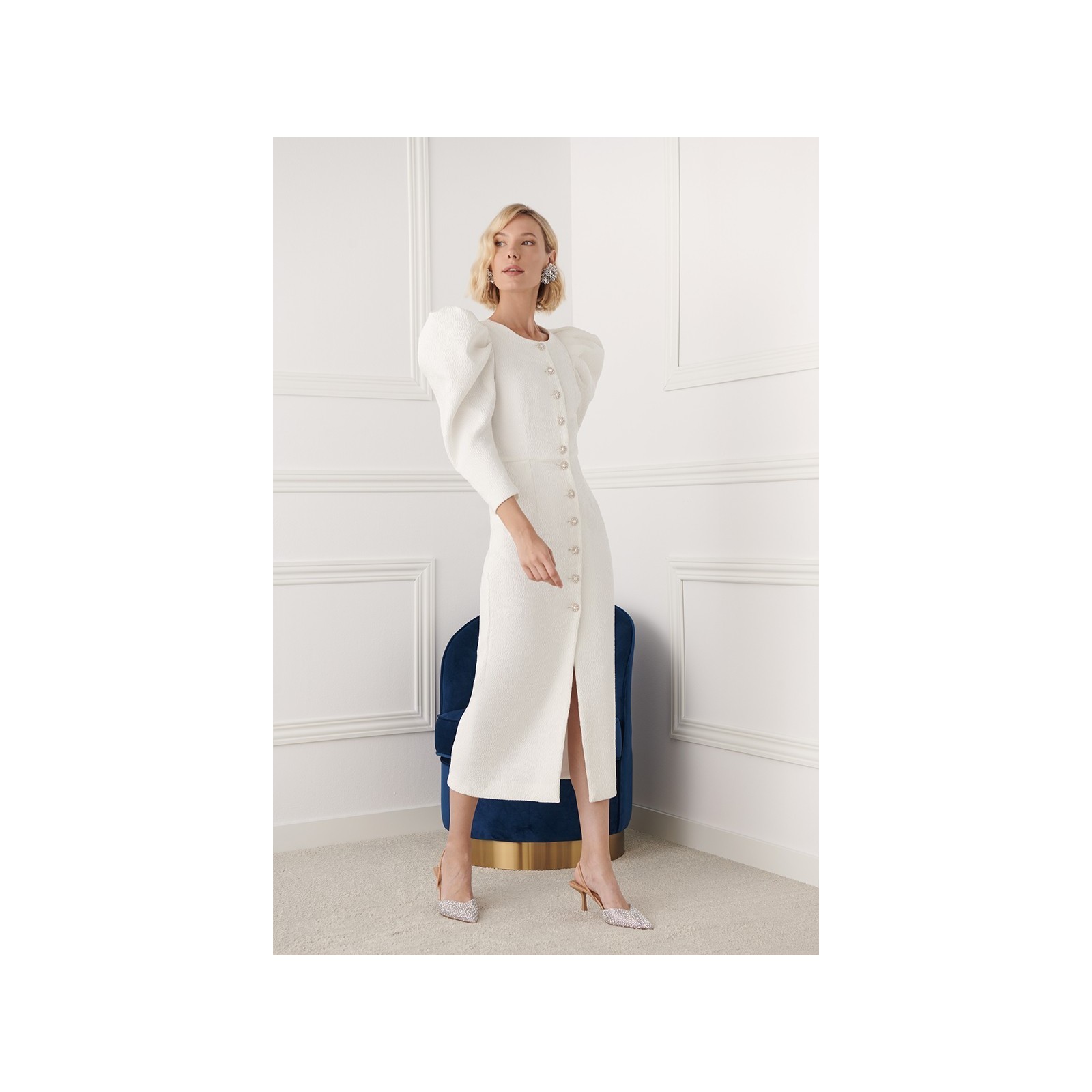 Vestido midi manga abullonada brocado blanco Sophie